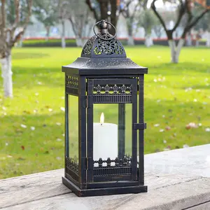 JHY DESIGN Decorative Candle Lanterns 14.5"High Vintage Style Hanging Lantern Metal Candleholder for Indoor Outdoor （Black with Gold Brush）