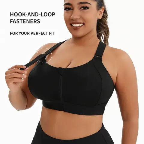 [Plus Size] Criss Cross Zipper Front Sports Bra, Solid Adjustable Strap Wireless Sports Bra, High Stretch Yoga Bra, Women's Sport & Outdoor Clothing for Indoor Outdoor Wear, Sporty Workout Bra #GLOBAL PICKS