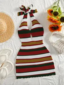 New Women's Fashion One-Piece Slim Sweater Dress, Hollow Out Multicolor Stripe Halter Neck, Casual Beachwear, Sexy Backless Sleeveless Short Dress, Colorblock Backless Dress, Womenswear