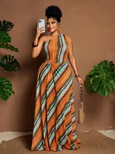 Plus Size Women's Summer Beach Waist Sexy Slim Party Dress, Plus Size Striped One Shoulder Long Knitted Dress, Casual Leisure Vestido para Mujer