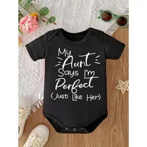 Cute Baby Bodysuit With My Aunt Says Im Perfect Just Like Her Print Soft Versatile Round Neck Button Detail Regular Fit All Seasons Knitted Fabric Onesie For 0-12 Months