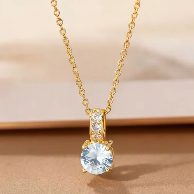 7448-12 1CT CZ 4-Prong Pendant Necklace for Women 14K Gold-Plated Classic Pendant for Wife Mom Birthday Gifts