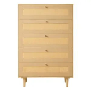 【DealsForYouDays】VEVOR 5-Drawer Rattan Dresser, Modern Stable Home Organizing Chest with Metal Handles & Wooden Legs, 66 lbs Capacity Drawer Storage Solutions, Assembly Required Organizer for Bedroom, Living Room