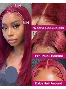 Burgundy Transparent Straight Lace Frontal Human Hair Wigs Wear And Go Glueless Red 99J Colored 5X5 Hd Lace Closure Wigs For Women