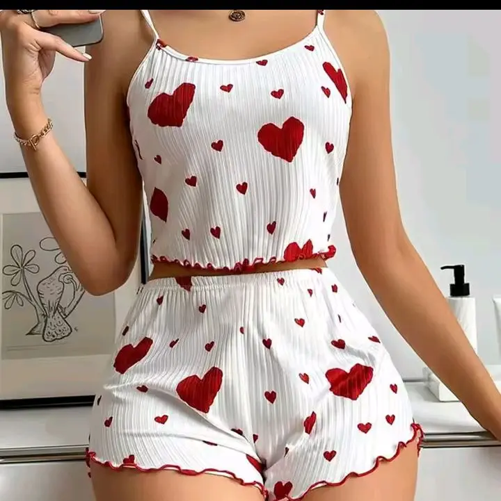 Women's Pajamas Set Sleepwear 2pcs Short Tank Tops and Shorts with Red Heart Print for Comfortable Nightwear Homewear Loungewear Womenswear Pjs Pyjamas