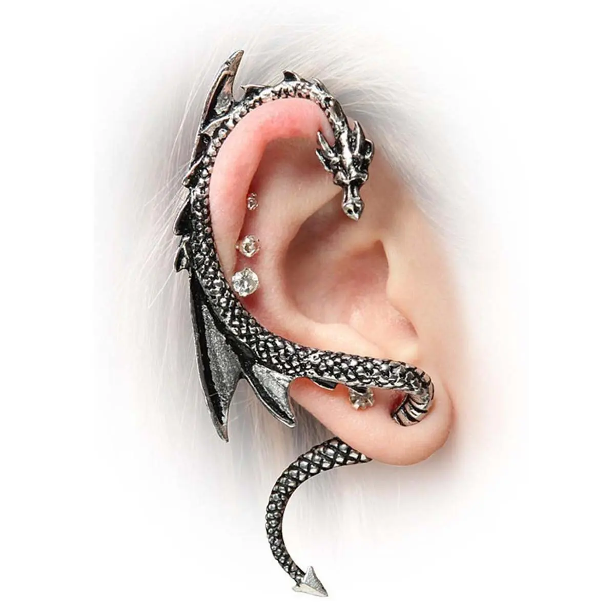 Fashion Earrings, Silver Distressed Flying Dragon Non-Piercing Single Earring for Daily Wear, Non Piercing Earrings