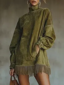 Olive Green Acid Wash Fringe Sweatshirt Dress | Mock Neck Oversized Tunic Dress | Country Concert Rodeo Outfit