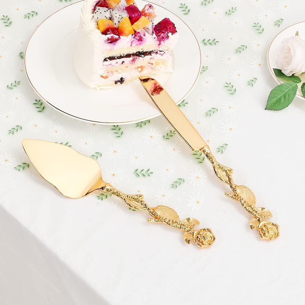 Cake Cutting Set for Wedding, Personalized Gold Cake Knife and Server Set, Custom Cake Serving Set, Engraved Pastry Pie Server Cake Pizza Cutter, Birthday Bridal Gift (F-Rose)