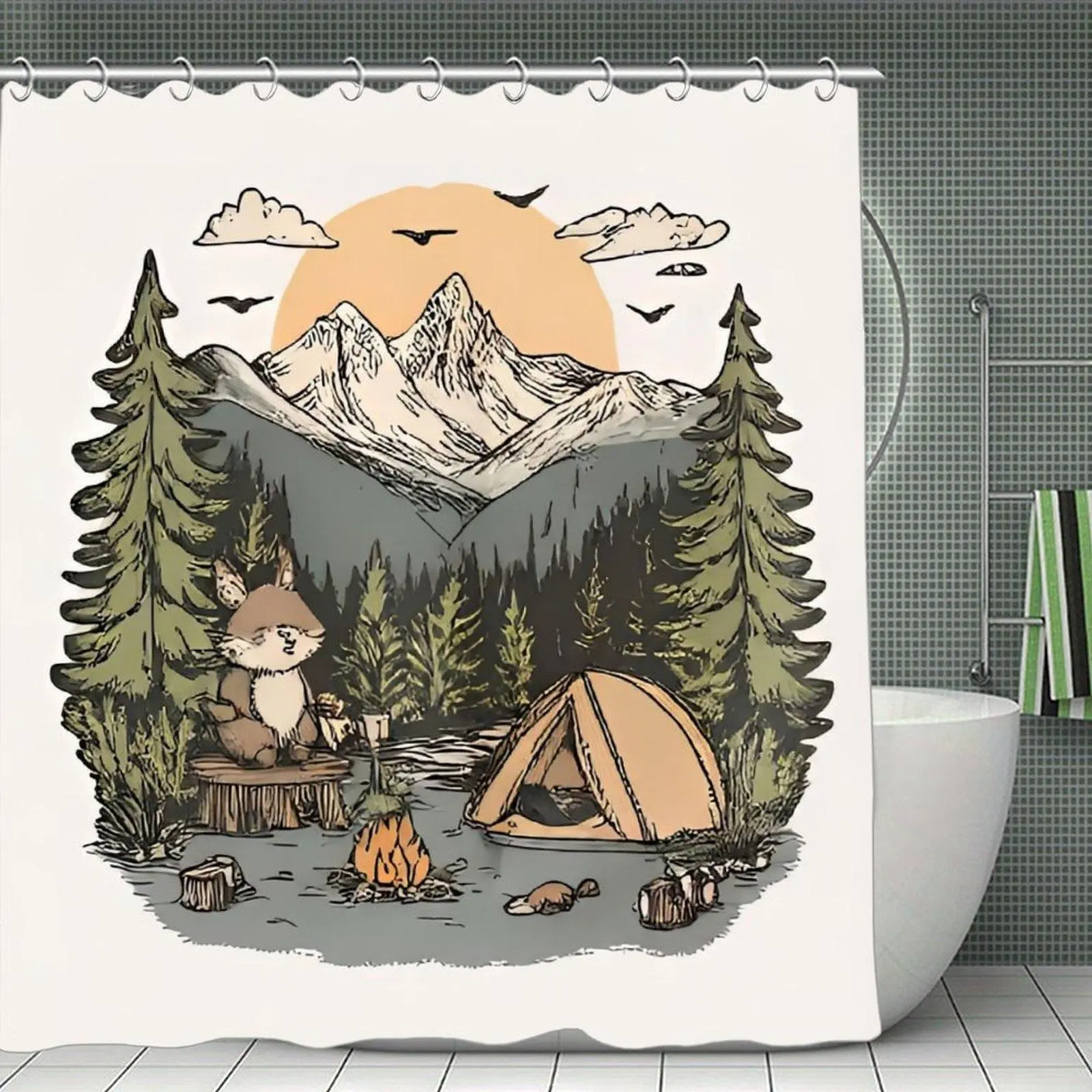 Mountain Fox Sunset Print Waterproof Shower Curtain - Plastic, Stainless-Steel Accented Woodland-Themed Decor for Bathroom, Bathtub, Window Spaces