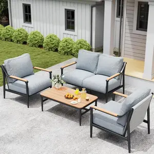 4 Pieces Outdoor Sofa Conversation Set, 4 Seats Couch Set with Table, Metal Frame Rope Weaving Design UV Resistance Waterproof for Patio Garden Balcony, Grey