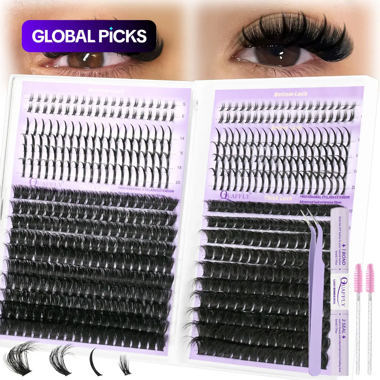 Easy-to-Apply DIY Lash Extension Kit, 100D & 150D Volume False Eyelashes with Spikes, Bottom and Wispy Cluster, Eyelash Extensions with Lash Bond & Seal, Eyelash Glue, Tweezers and Brush, DIY Personal Lashes #GLOBAL PICKS
