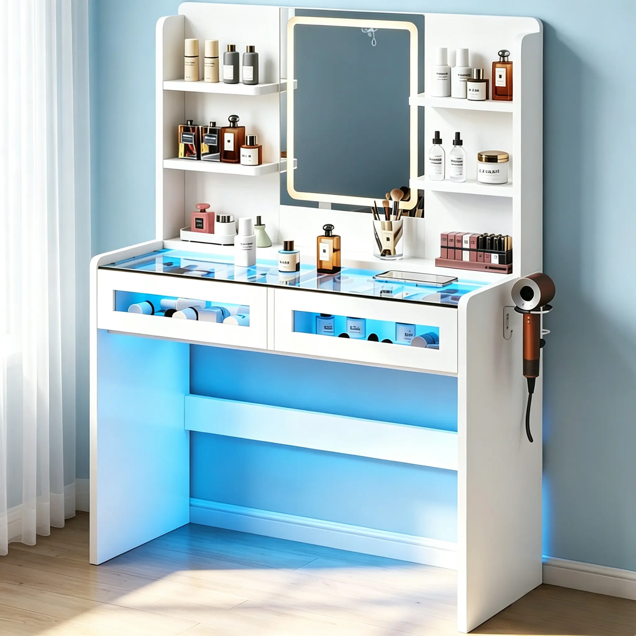 CollaredEagle Vanity Desk, Women Girls Bedroom Dressing Table, LED Light Mirror, Power Outlet, Transparent Top, RGB Drawers, Adjustable Brightness, 3 Lighting Modes