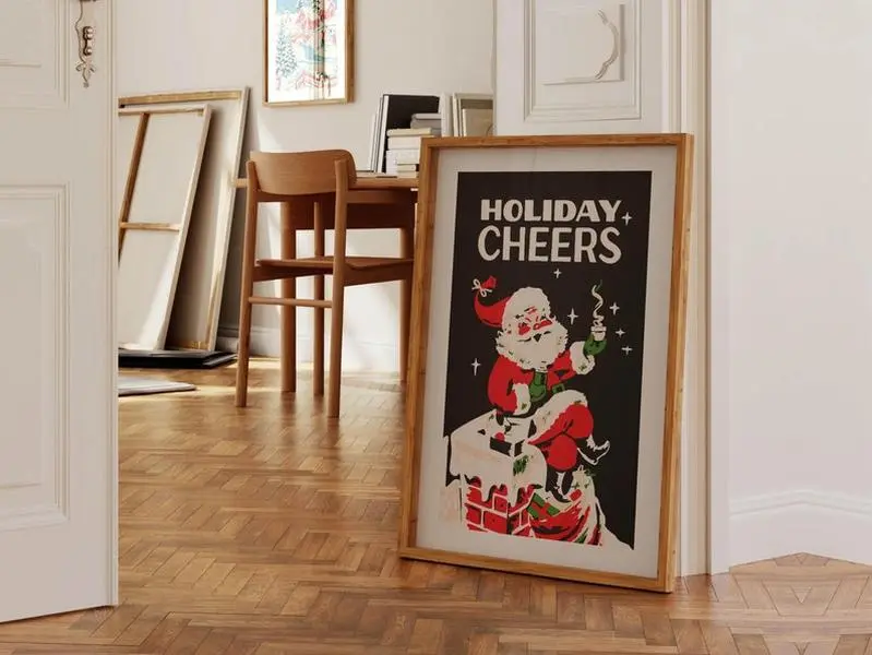 Retro Christmas Art Print – Vintage Christmas Poster for Kitchen Wall Art, Holiday Party Decor, Printable Christmas Gift