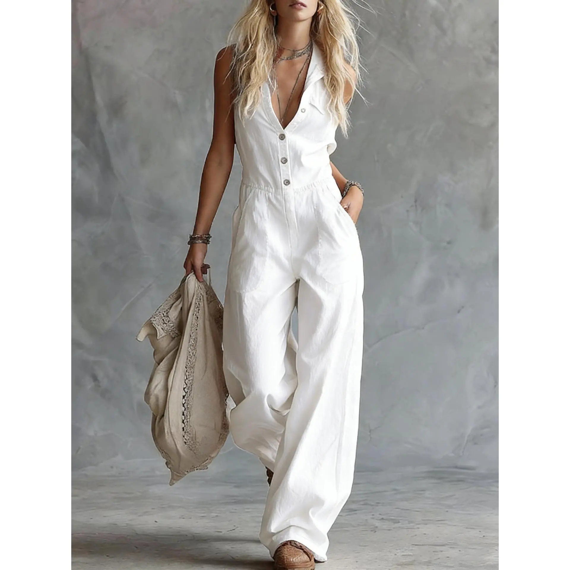 Casual and stylish western-style V-neck front-button sleeveless linen jumpsuit, loose-fitting and sleeveless, with pockets, casual jumpsuit for women, summer women's clothing, textured commuter V-neck
