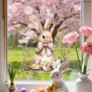 A 30*30cm flat 2D window sticker featuring Easter bunnies, bows, and birds for window decoration, electrostatic glass sticker, D21090-KR