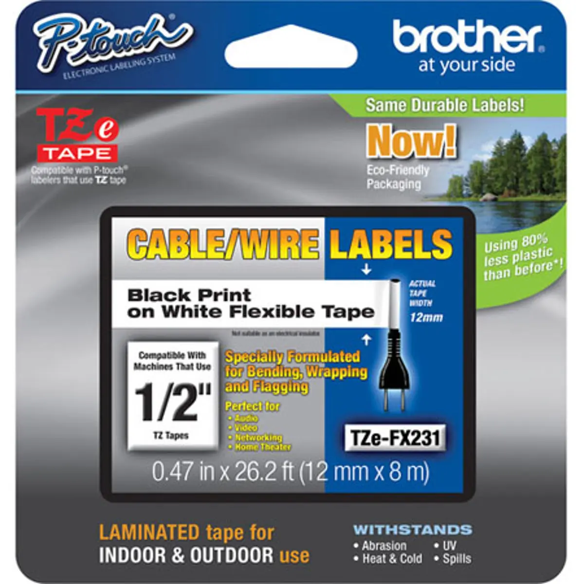 Brother 0.47" Black on White Flexible ID Tape (26.2')