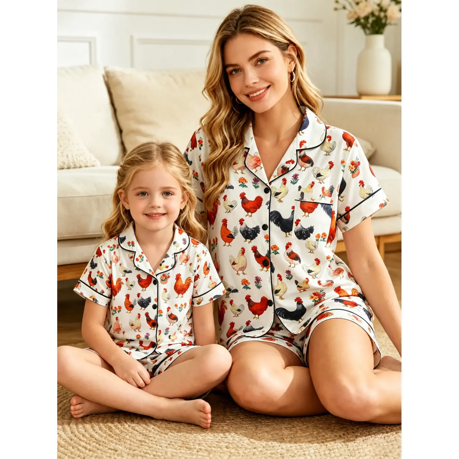 Summer Cartoon Chicken Print Parent-Child Matching Pajama Set - Lightweight and Comfy Sleepwear for Women and Kids