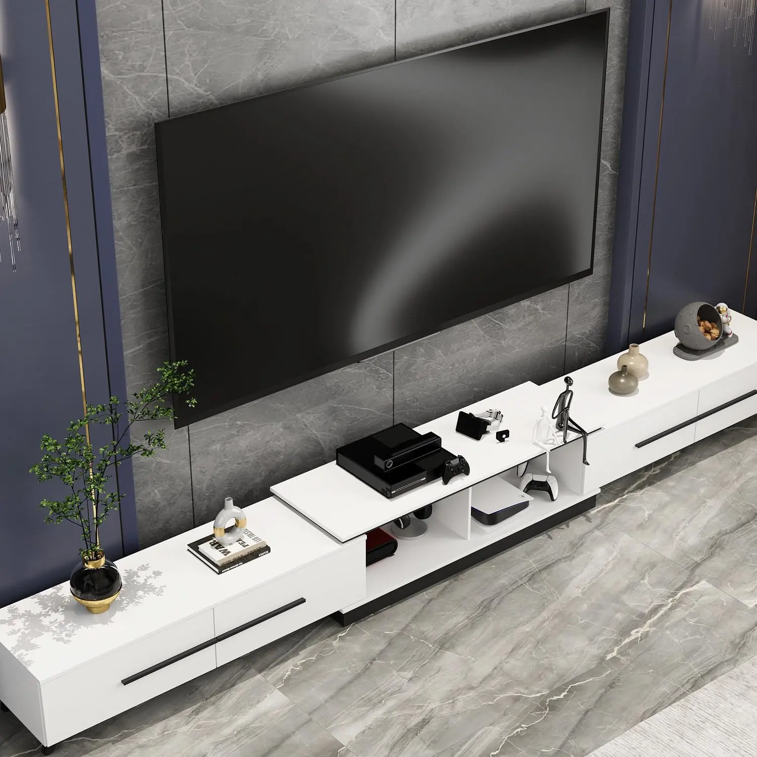 Living Room & Bedroom Modern Extendable Media Console TV Stand, Accommodating Screens Up to 75", Featuring Shelves & Drawers