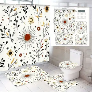 4pcs Botanical Sunflower Bathroom Decor Set, Rustic Floral Shower Curtain & Toiletries, The floor mat fabric is thicker and softer! Matched Design for Natural-Style Bathrooms