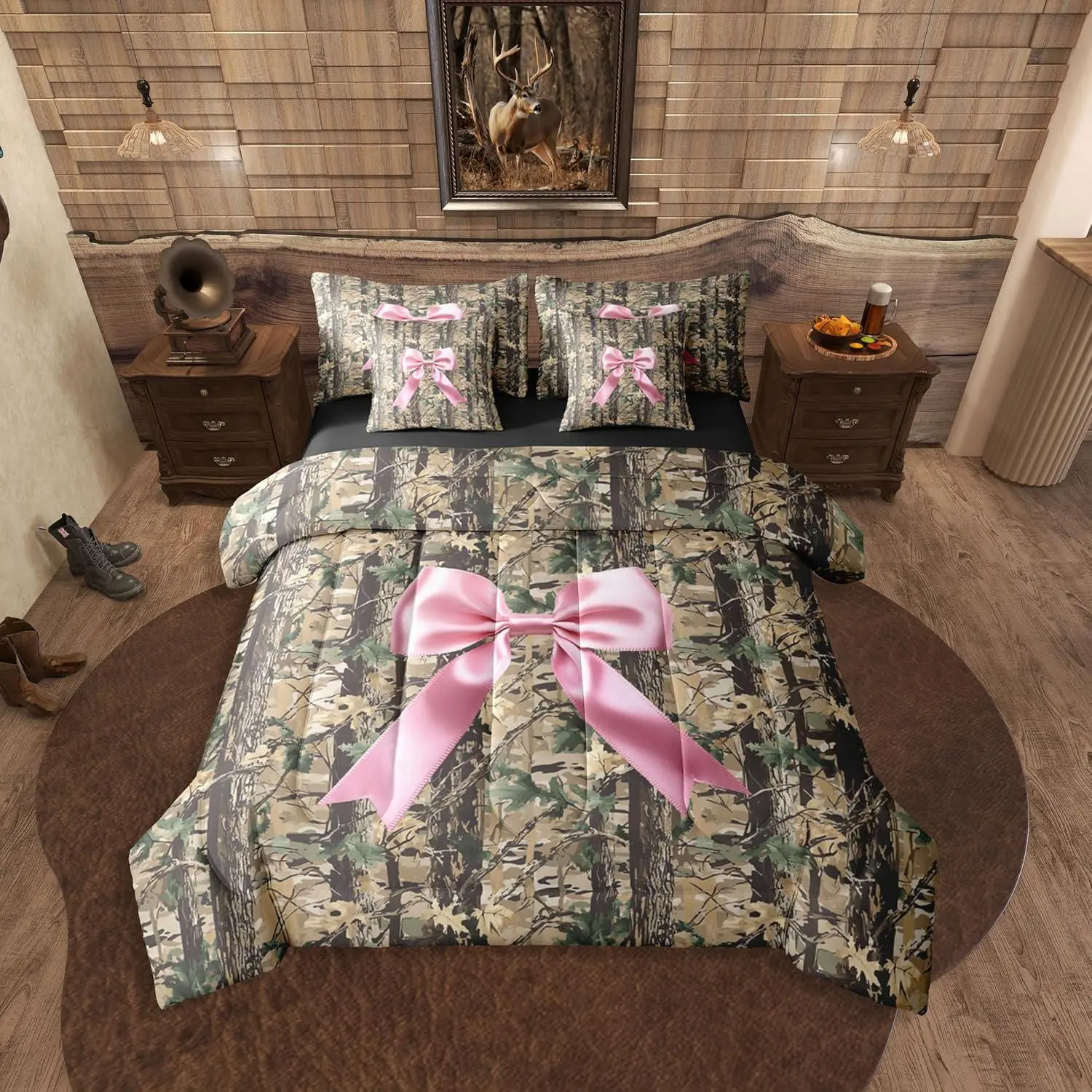 Feelyou 7-Piece Bowknot Comforter Set - Camo Woodland Wildlife Deer Design with Bow Ribbon, Brown Pink Bedroom Bedding, Decorative Quilt Bedding Queen Set, Bedroom Bedding Set, Decorative Bedding Set