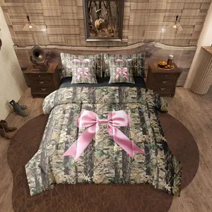 Bowknot Comforter Bed Set,Camo Bed Bag,7 Pieces Hunting Woodland Bow Ribbon Wildlife Deer Bed Set,Brown Pink Bedding