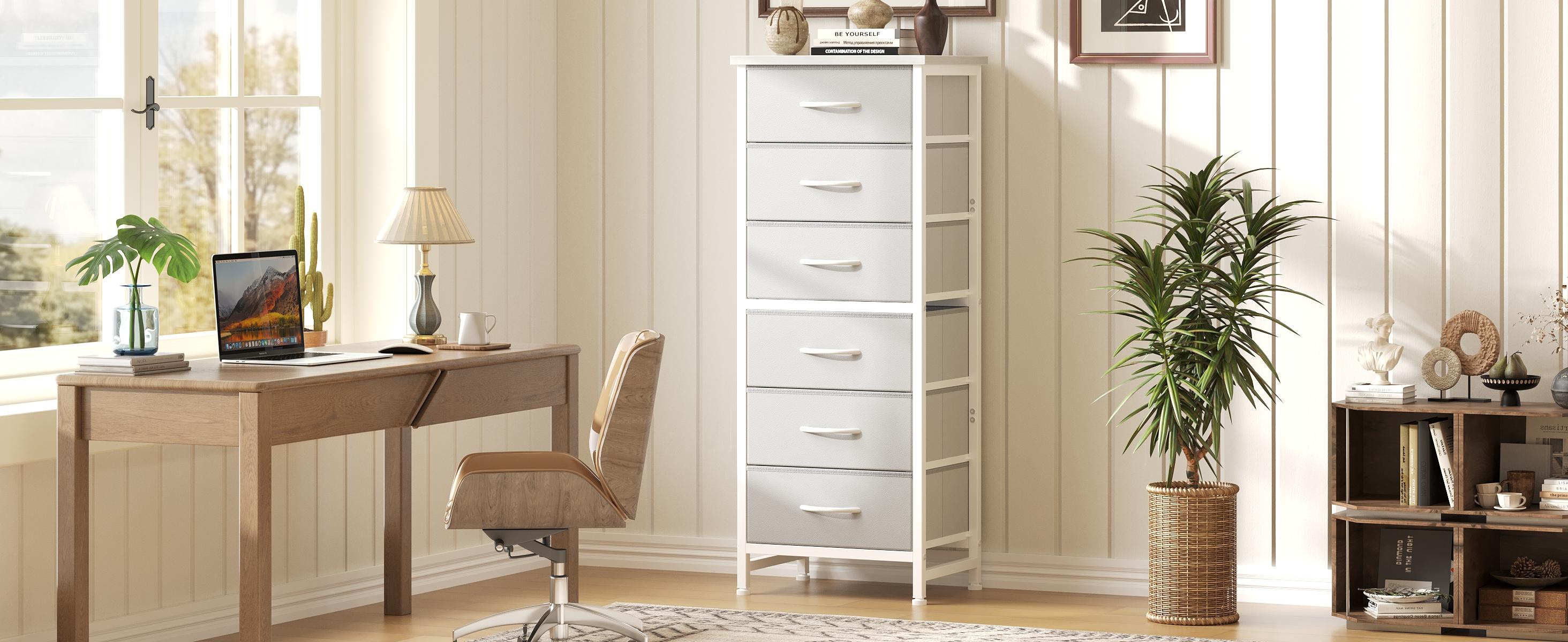 Tall Storage Dresser with 6 Fabric Drawers, Metal Frame with Cross Support Rods, Anti-Tip, Wood Top for Bedrooms, Offices and Compact Spaces Tall Storage Dresser with 6 Fabric Drawers, Metal Frame with Cross Support Rods, Anti-Tip, Wood Top for Bedrooms, Offices and Compact Spaces
