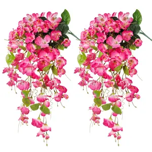 2pcs Artificial Fake Hanging Flowers Plants, Lifelike Fake Plant, Faux Silk Hibiscus Long Trailing Vines, UV Resistant, Home Indoor Outdoor Decor, Artificial Flower Set