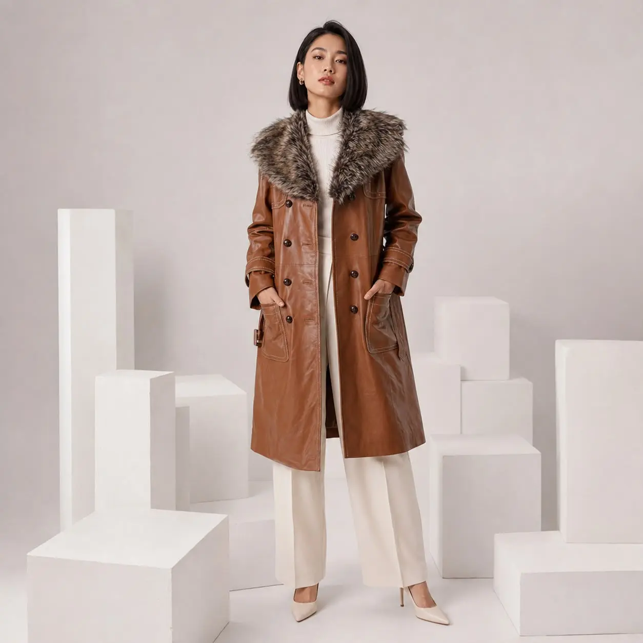 ROYAL JULEP BROWN LONG LEATHER COAT WITH FAUX FUR LINING