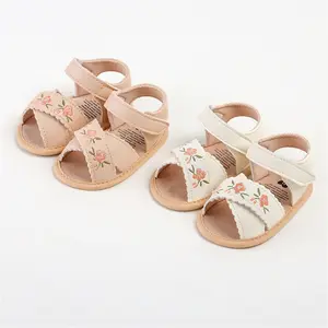 [Lullaby] Baby Girl Sandals, Flexible PU Leather Non-slip Embroidery Flower Summer Flats Toddler Shoes for Casual Daily