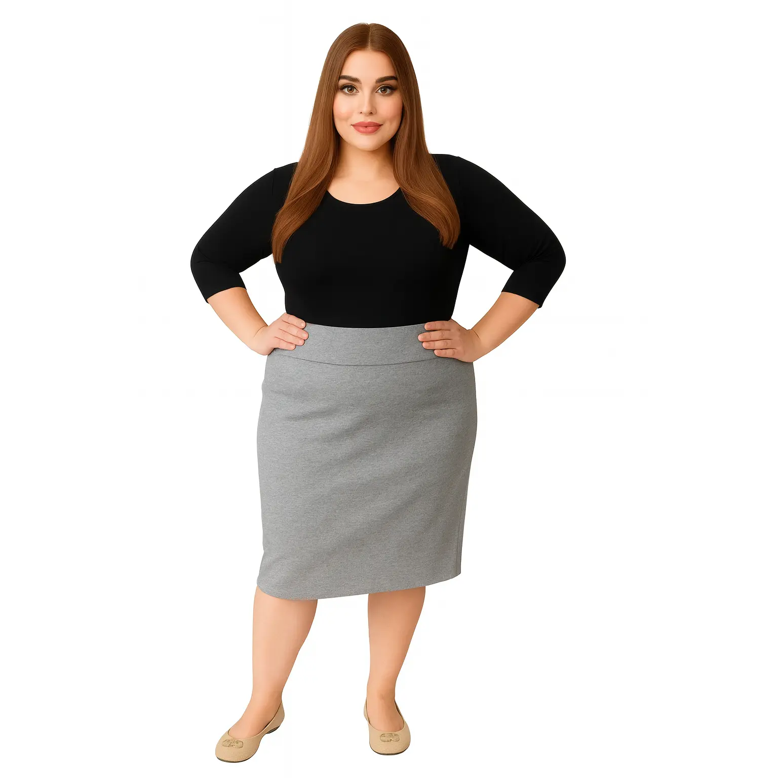 Women's Plus Size Modest Knit Pencil Skirt - Cotton Spandex, Smooth Straight Fabric, Stretch, Knee-Length, Elegant, Fit, Lightweight