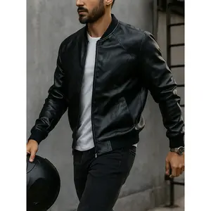 Men's PU leather jacket, fitting classic casual style, zipper baseball collar jacket, long sleeved side pocket design, men's clothingRAIMENTRY