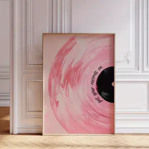 A wall decoration, vintage poster featuring pink vinyl records, perfect for maximizing retro whimsical decor. This vinyl record print is a fashionable girl-style artwork, using trendy pastel tones, ideal for decorating bedrooms and living rooms