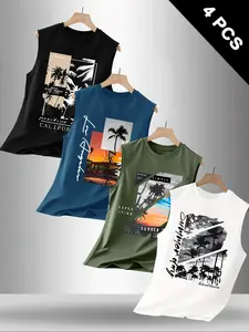 Men's 4PCS California Tropical Palm Tree Print Tank Tops, Breathable Loose Fit Sleeveless T-Shirts, Retro Sunset Graphic Tees for Summer Beach Gym Workout Casual Streetwear, TikTok Viral Summer Essentials