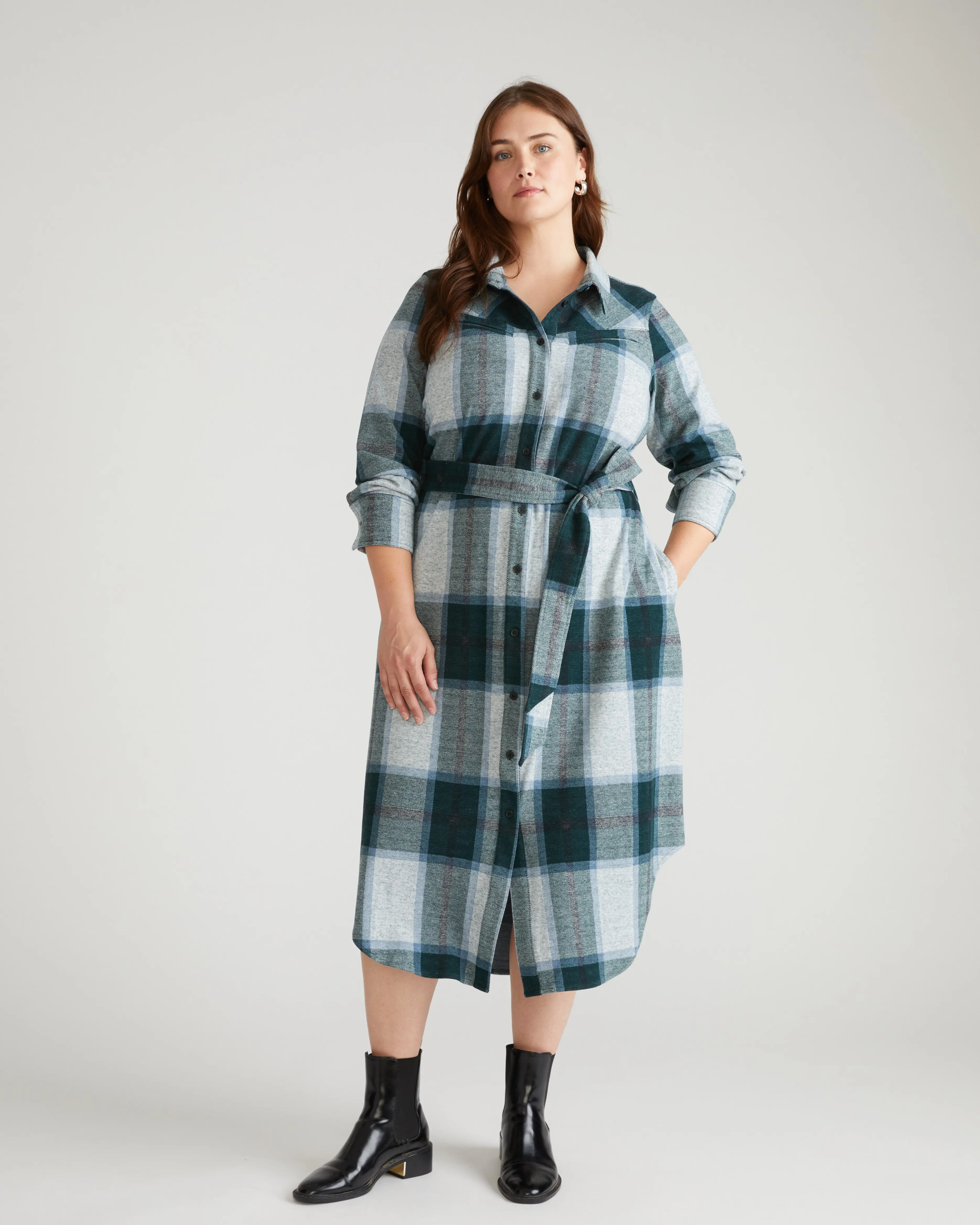 Women's Casual Wear Belted Stretch Flannel Plaid Midi Shirtdress - Morgan Soft Stretch Knitted Fabric, Button Front, Hidden Snaps, Pockets, Gorgeous Green