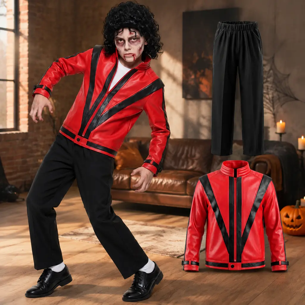 2CPS Kids Michael Thriller Cosplay Costume, Jackson Boys Red Faux Leather Jacket and Black Pants Cosplay Set, Child Pop Star Halloween Dress Up Outfit for Party, Stage Performance