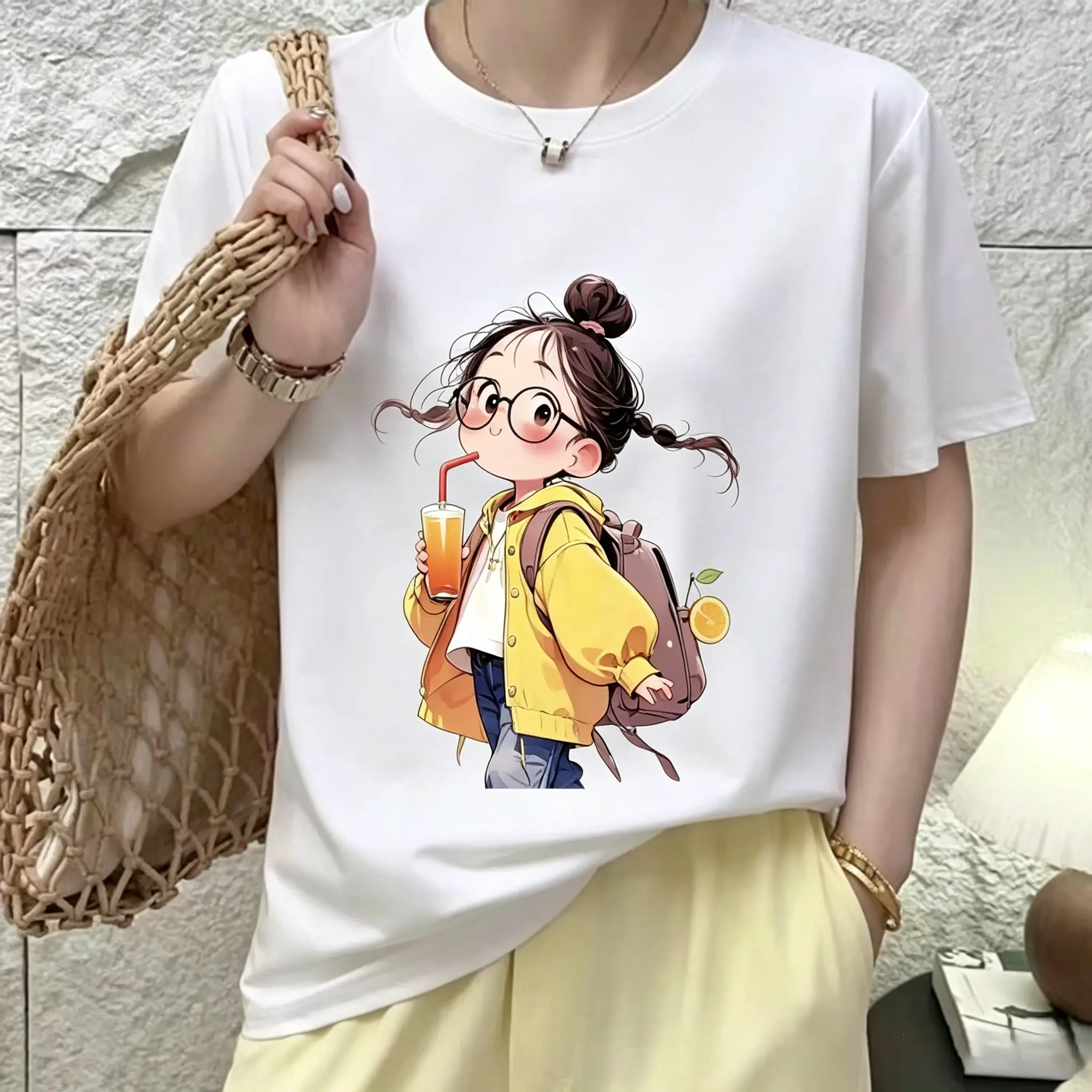 Women's 100% Cotton Short-Sleeve Casual Style T-Shirt - S-5XL, Orange Juice Girl Heat Transfer Graphic, Skating Girl Design, Streetwear Cropped Top, Soft Fabric for Outdoors Everyday Wear, Shortsleeve, Tshirt, Graphic Print, Lady, Crew Neck, Soft Cotton,,