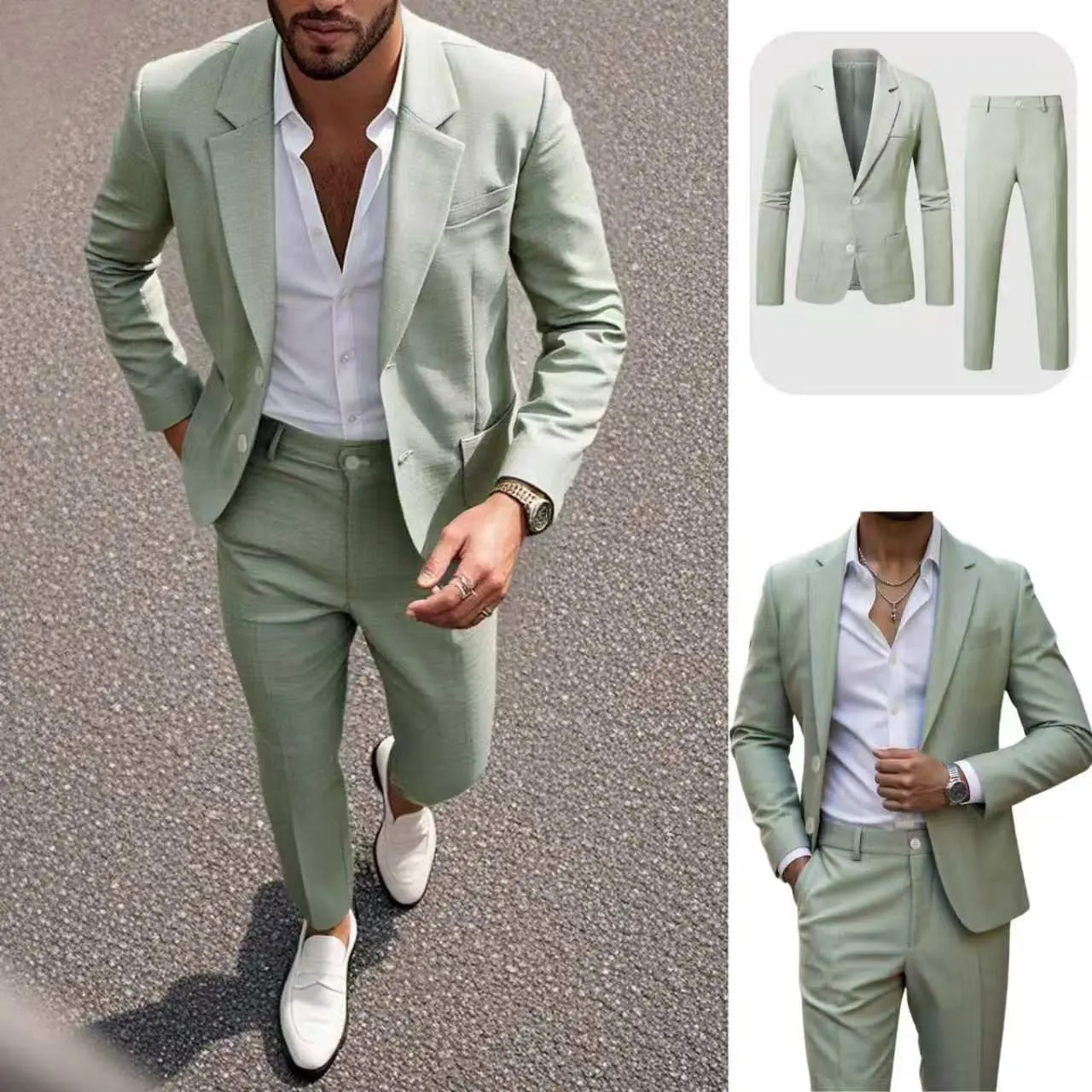 Men’s solid textured casual two-piece suit set: double-breasted jacket and straight trousers, suitable for commuting