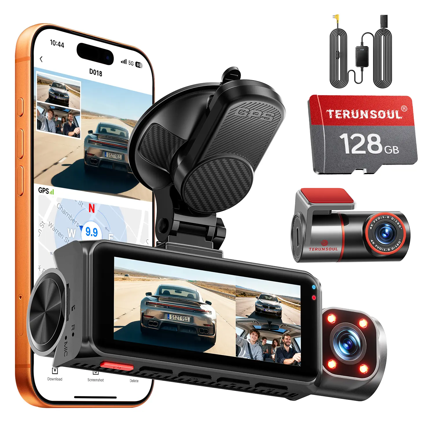 TERUNSOUL D018 Model Vehicle Dashcam Cam - Triple Lens 4K 3-Channel, 4K+4K+1080P, 5GHz WiFi + USB-C, GPS, 128GB Card, IR Night Vision, Parking Mode, Wide-Angle, Full Lamination, Loop Record, HD Driving Recorder for Car Vlogging, Auto Gadgets gifts,toolupg