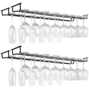 2 Pack Black Wine Glass Rack, 14 Inch Under Cabinet Stemware Holder, Wall Mounted Iron Wine Glass Hanging Rack for Shelf, Kitchen, Bar, Wine Cellar Storage, Organizer, Display