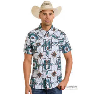 ROCK&ROLL MENS DARK WHITE AZTEC SHORT SLEEVE SHIRT- BMN3S06430