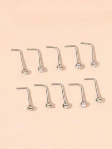 10 Piece Simple Shiny Crystal L Bar Nose Studs, Stainless Steel Nose Piercing Studs for Men and Women, Nose Piercing Jewelry, Daily Wear