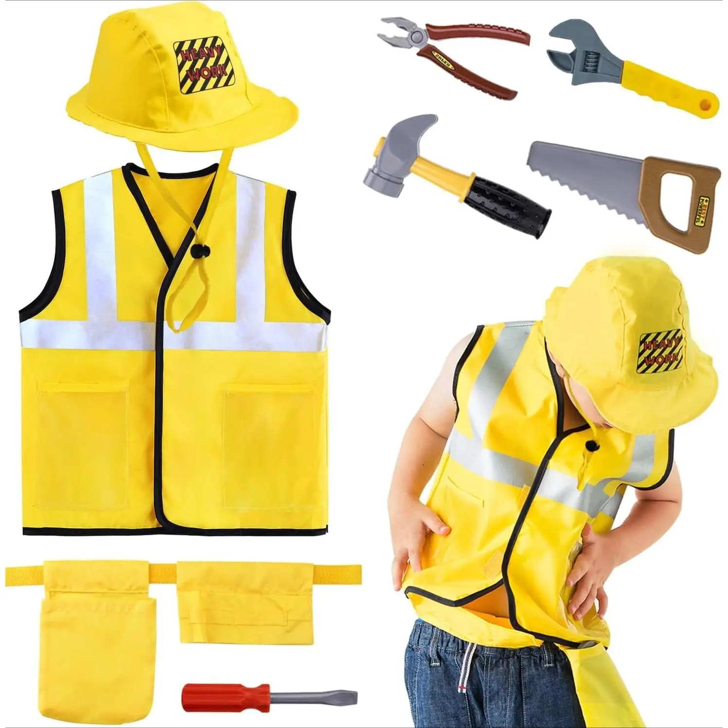 Kids' Construction Worker Role Play Costume Set with Reflective Vest, Hat & Tool Belt - Breathable Nylon Outfit with Hammer, Saw & Pliers, Screwdriver, Thanksgiving, Creativity
