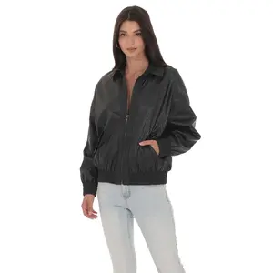 Woven Faux Leather Bomber Jacket in Black