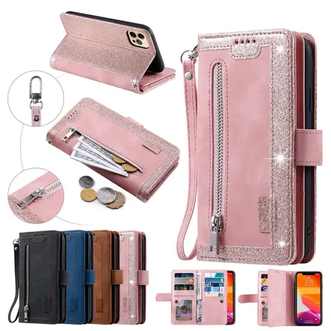 HISTORYOO RFID Blocking 9 Cards Holders Slots Wallet Case For iPhone 18 17 16 Pro Max 16 15 Pro 14 Plus 13 12 Mini 11 X XS Max Luxury Retro PU Leather Zipper Handbag Purse Flip Kickstand Folio glitter Cover Wristlet Wrist Strap Lanyard for Women