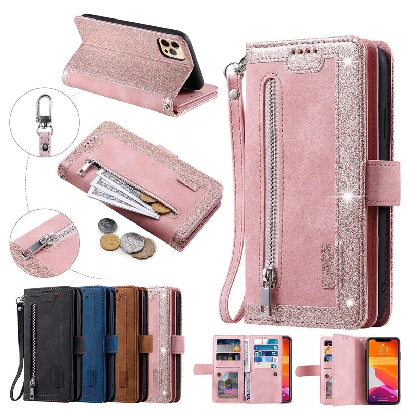 HISTORYOO RFID Blocking 9 Cards Holders Slots Wallet Case For iPhone 18 17 16 Pro Max 16 15 Pro 14 Plus 13 12 Mini 11 X XS Max Luxury Retro PU Leather Zipper Handbag Purse Flip Kickstand Folio glitter Cover Wristlet Wrist Strap Lanyard for Women