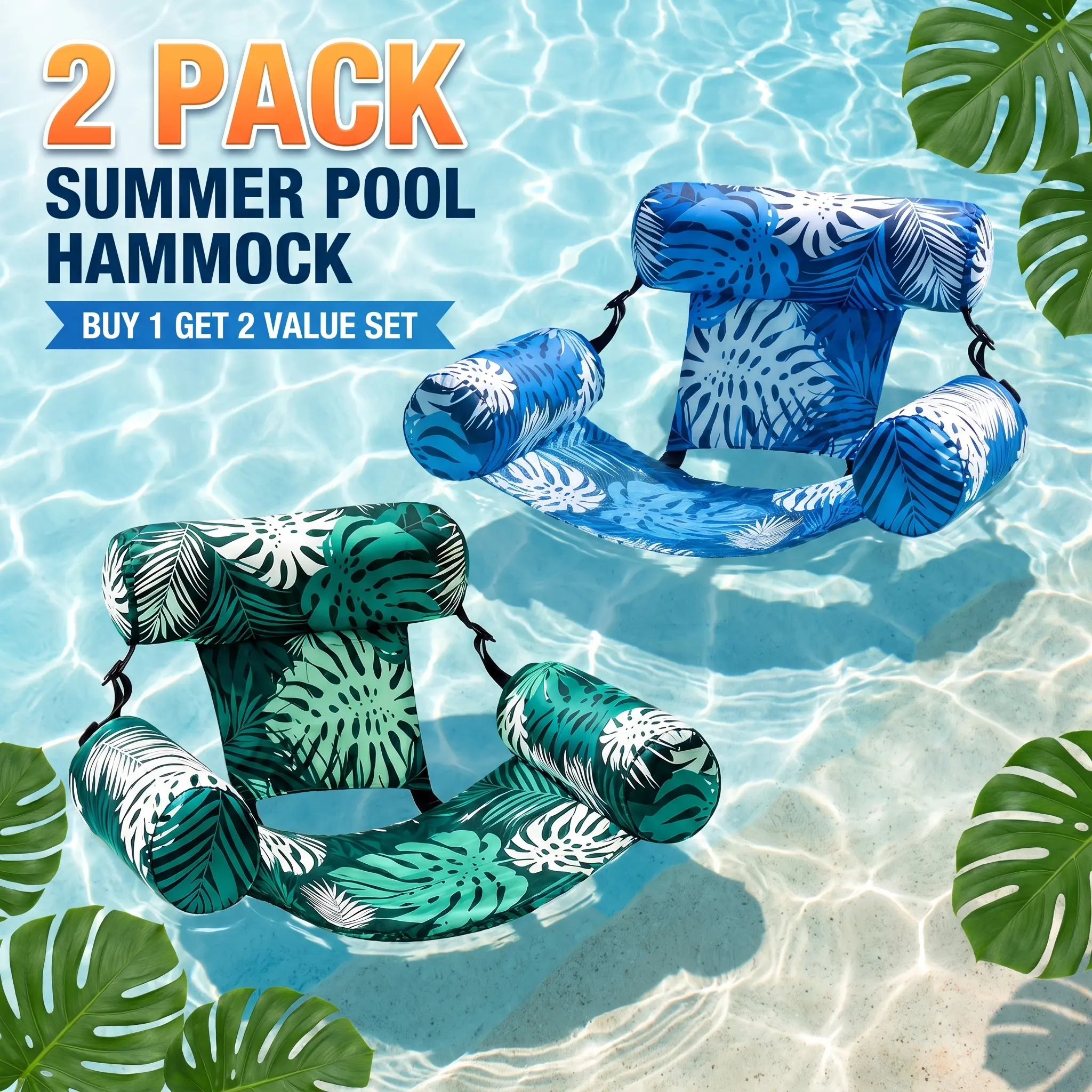 2 Pack Inflatable Pool Float Hammock for Adults, Water Lounger Chair with Backrest and Mesh Seat, Portable Floating Pool Chair for Lake Beach Vacation, Summer Pool Party Accessories and Outdoor Water Fun