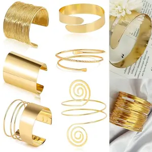 6 pcs Arm Cuff Bracelet Set Adjustable Coil Swirl Upper Arm Cuff Women Gold Statement Bangle Bracelets Chunky Gold Cuff Bracelets Fashion Accessories