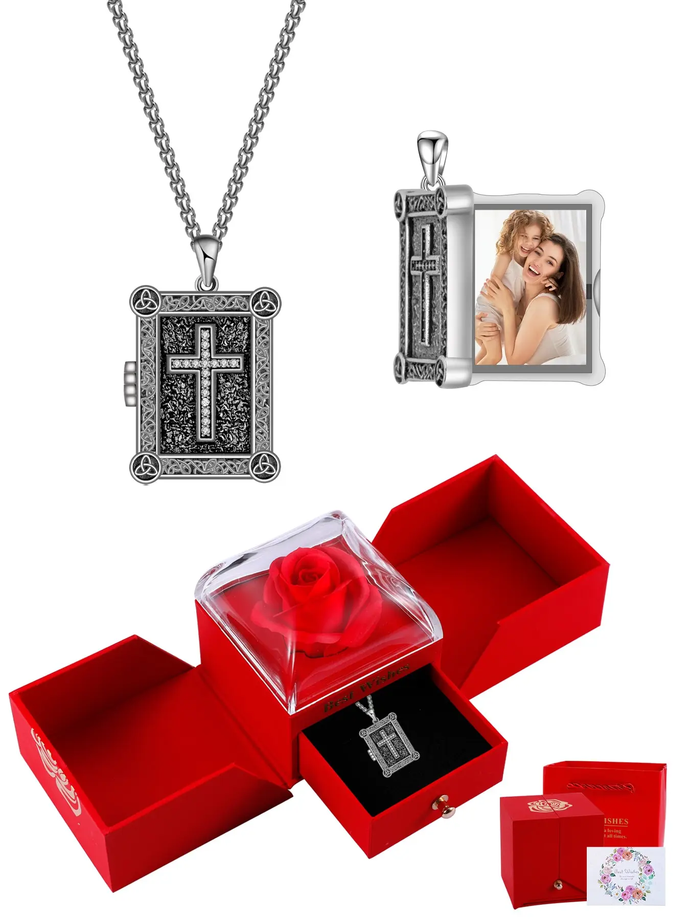 Religious  Cross Celtic Knot Picture Necklace With Rose Jewelry Gift Box, Rectangle Locket That Holds Picture Custom Necklace, Birthday Mother's Day Jewelry Gift for Mom Father Wife Christian