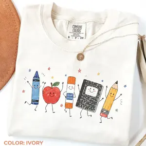 Back to School Comfort Colors Teacher T-Shirt, Cute School Graphic Tee, Crayon Apple Pencil Notebook Shirt, Teacher Appreciation Gift