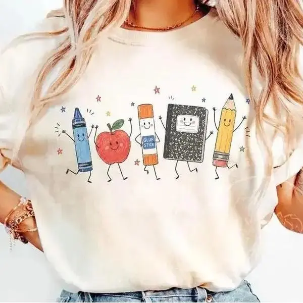 Cute School Supplies Heritage Graphic Tee, Aesthetic Back To School Spirit Shirt, Radiant Teacher Crayon Apple Pencil Notebook Top, Thoughtful Classroom Sublimation Gift Boutique Heritage Apparel